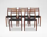 Niels Otto Møller, Set of five dining chairs, model no. 78, designed 1962, Indian rosewood, leather
