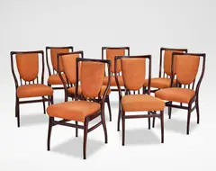 Andrew John Milne, Set of eight dining chairs, designed circa 1953, Indian rosewood, fabric upholstery
