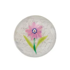 Antique Clichy Flower Paperweight, c. 1850, flower with star cane center, shaded pink and blue petals and two-color green stem and leaves on an upset muslin ground, unmarked, ht. 1 7/8, dia. 2 3/4 in.