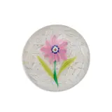 Antique Clichy Flower Paperweight, c. 1850, flower with star cane center, shaded pink and blue petals and two-color green stem and leaves on an upset muslin ground, unmarked, ht. 1 7/8, dia. 2 3/4 in.