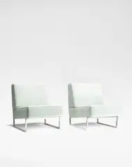 Pierre Guariche, Pair of 'Courchevel' lounge chairs, circa 1959, Chromium-plated metal, fabric upholstery