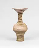 Vase with flaring lip by Lucie Rie, circa 1985, Mixed stoneware producing an integral pink and grey spiral beneath the glaze, sold Apr 2024
