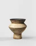 Hans Coper, Large and early composite vase, circa 1958, Stoneware, layered porcelain slips and engobes over a textured and incised body, the lip and interior with a manganese glaze