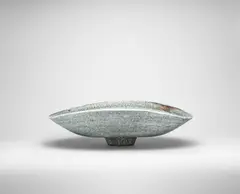 Rupert Spira, Large open 'Poem' bowl, circa 2003, Stoneware, script incised through black pigment over white glaze with blue-grey and red drips to rim