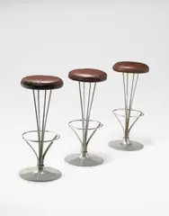 Piet Hein, Set of three bar stools, model no. FL 9511, designed 1961, produced 1974, Chromium-plated tubular metal, chromium-plated metal, leather