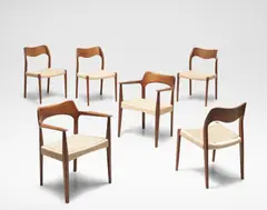 Arne Hovmand-Olsen, Set of  four dining chairs, model no. 71 and two armchairs, circa 1954, Teak, teak-veneered wood, woven paper cord