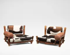 Berthold Lubetkin and Margaret Lubetkin, Pair of rare armchairs, designed for the Penthouse flat, Highpoint Two, Highgate, London, 1936-1938, Norwegian yew, sandblasted pine, cowhide, leather, chromium-plated metal