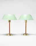 Isa Johansson-Pape, Pair of 'Senator' table lights, model no. 40-025, circa 1955, Brass, leather, acrylic, painted metal