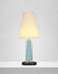 Table lamp by Pietro Chiesa, 1938, Glass, nickel-plated brass, nickel-plated steel, ebonised wood, paper shade, sold Apr 2024