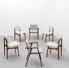 Franco Albini, Set of four 'Luisella' chairs, model no. SD9, and pair of 'Luisa' armchairs, circa 1955, Walnut, fabric upholstery, painted steel