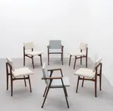 Franco Albini, Set of four 'Luisella' chairs, model no. SD9, and pair of 'Luisa' armchairs, circa 1955, Walnut, fabric upholstery, painted steel