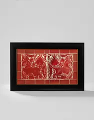 William De Morgan, 'Fantastic beasts' tile panel, circa 1895, Ceramic tile, ruby lustre glaze