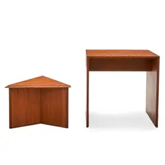 FOR HENREDON "TALIESIN" DUAL TABLE AND TRIANGULAR STOOL by Frank Lloyd Wright, 1950, mahogany, sold Oct 2024