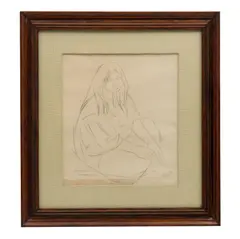 Edmundo Calderón, "Niña sentada", Carboncillo / Papel, Firmado y fechado: Bonampak - 56. 29 x 24 cm., imagen. Enmarcada. Detalles de conservación