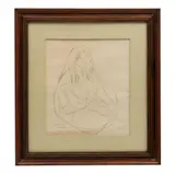 Edmundo Calderón, "Niña sentada", Carboncillo / Papel, Firmado y fechado: Bonampak - 56. 29 x 24 cm., imagen. Enmarcada. Detalles de conservación