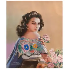 Eduardo Cataño, Mujer con rosas, Pastel sobre papel