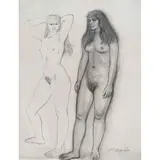 Raúl Anguiano, Dos mujeres desnudas paradas, Tinta y carboncillo sobre papel