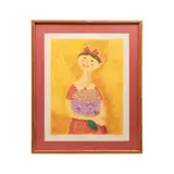 Trinidad Osorio, Niña con flores, fondo amarillo, Grabado, Firmado. 8/50