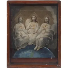 Trinidad Antropomorfa, MÉXICO, SIGLO XIX, Óleo sobre tela montado sobre madera