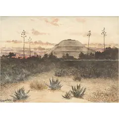 August Lohr, VISTA DE LA PIRÁMIDE DEL SOL EN TEOTIHUACÁN, Acuarela sobre papel