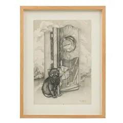 Rocío Caballero, Reloj y felino, Lápiz de grafito sobre papel
