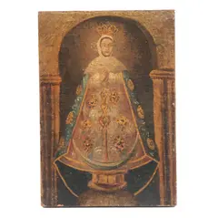 Virgen Ampona, PRINCIPIOS DEL SIGLO XX, Grabado coloreado al óleo, adherido a tela y tablero