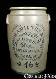 16 Gal. HAMILTON & JONES / GREENSBORO / PA Stoneware Crock by Hamilton & Jones, circa 1875, Stoneware, sold Jul 2010