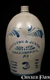 HAMILTON & JONES / GREENSBORO, / PA Stoneware Jug, Two-Gallon. by Hamilton & Jones, circa 1875, Stoneware, sold Apr 2010