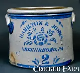 HAMILTON & JONES / GREENSBORO, PA Stoneware Cake Crock by Hamilton & Jones, circa 1875, Stoneware, sold Oct 2009