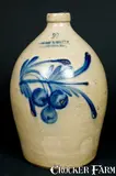 COWDEN & WILCOX / HARRISBURG Stoneware Jug with Cherries by Cowden & Wilcox, circa 1865, Stoneware, sold Oct 2009