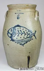W. Hart, W. HART / OGDENSBURGH Stoneware Six-Gallon Churn with Folk Art Fish Decoration, circa 1860, Stoneware
