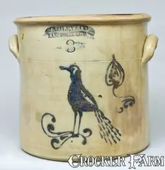 J Reiley & Co., J REILEY & CO / LANSINGBURGH Stoneware Bird Crock, Three-Gallon, circa 1855-1858, Stoneware