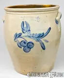 F.H. COWDEN / HARRISBURG Stoneware Cream Jar with Cobalt Cherries by F.H. Cowden, circa 1880, Stoneware, sold Mar 2009