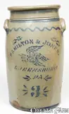 HAMILTON & JONES / GREENSBORO, PA Stoneware Churn w/ Eagle Decoration by Hamilton & Jones, circa 1875, Stoneware, sold Mar 2009
