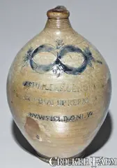 Ashmores. Genuin, Thomas Commeraw, New York City Stoneware Advertising Jug: ASHMORES. GENUIN / CORDIALS PREPAIRD / BY. W. FIELD. ONLY. Stoneware Jug by Commeraw, circa 1810, Stoneware