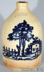 J. & E. Norton, J. & E. NORTON / BENNINGTON, VT Stoneware Jug w/ House & Tree Scene, circa 1855, Stoneware