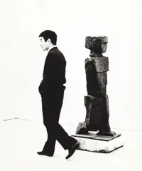 Barbara Pflaum, Visitor in front of a sculpture by Fritz Wotruba, Vienna 1963, 1963, Vintage silver print on single-weight glossy paper, in good condition. Photographer's copyright stamp with address "Wien I. Mahlerstrasse 3", her handwritten and signed annotation "die lebende Figur i