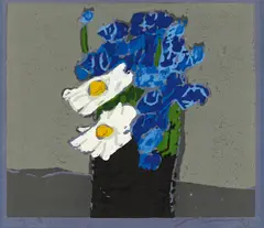 Klaus Fußmann, Kornblumen und Margeriten, 1992, Farblinolschnitt auf blauem Karton