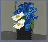 Klaus Fußmann, Kornblumen und Margeriten, 1992, Farblinolschnitt auf blauem Karton