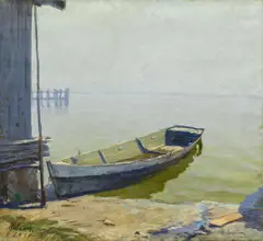 Albert Stagura, Boot am Ufer des Chiemsees, Pastellkreide auf Papier