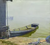 Albert Stagura, Boot am Ufer des Chiemsees, Pastellkreide auf Papier