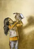 Bruno Griesel, "Mädchen mit Kanne/Form und Gedanke", 2014, Öl auf Leinwand