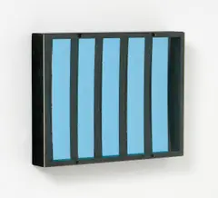 Spiegelobjekt by Adolf Luther, 1975, Fünf Spiegel zwischen gefärbten, konvexen Plexiglasstreifen in Holzkastenrahmen., sold Dec 2016