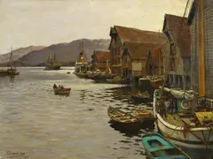 Themistokles von Eckenbrecher, "Im Hafen von Flekkefjord, Norwegen", Öl auf Leinwand