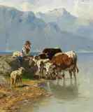 Christian Mali, Hütebub mit Kühen und Schafen am Bergsee, Öl auf Leinwand