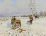 Nach der Treibjagd by Hugo Mühlig, Öl auf Holz, sold Nov 2016