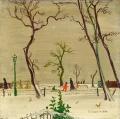 Theo Champion, Düsseldorfer Volksgarten im Winter, 1924, Öl auf Holz