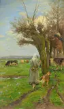 Rinderhirtin mit Hund by Hugo Mühlig, Öl auf Karton, sold Nov 2016