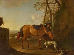 Hendrik Verschuring, Reiter mit ihren Pferden an der Tränke, Öl auf Holz
