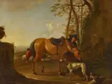 Hendrik Verschuring, Reiter mit ihren Pferden an der Tränke, Öl auf Holz